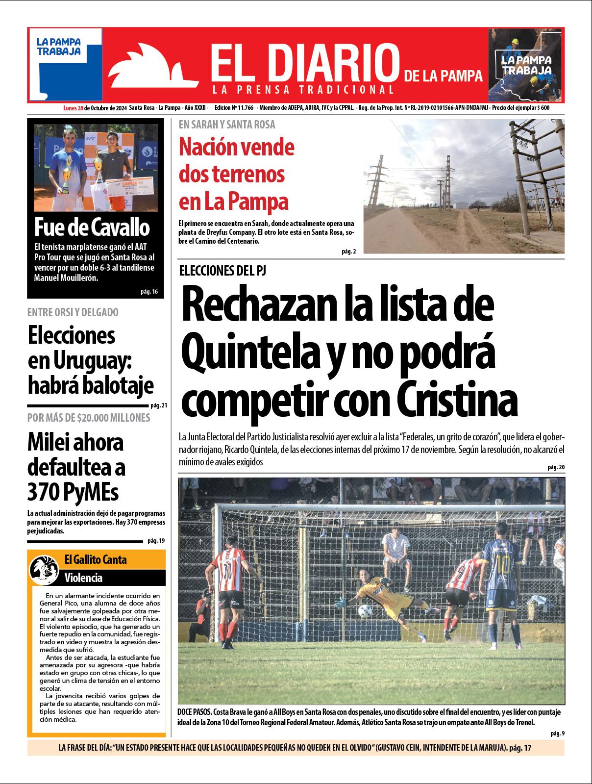 Tapa de El Diario en papel  lunes 28 de octubre de 2024